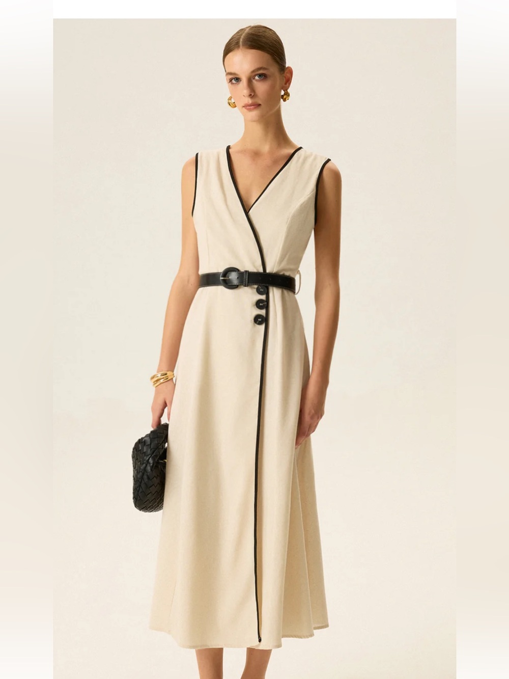 Zara Cream Midi Dress with Black Trim and Belted Detail - Picture 4 of 6